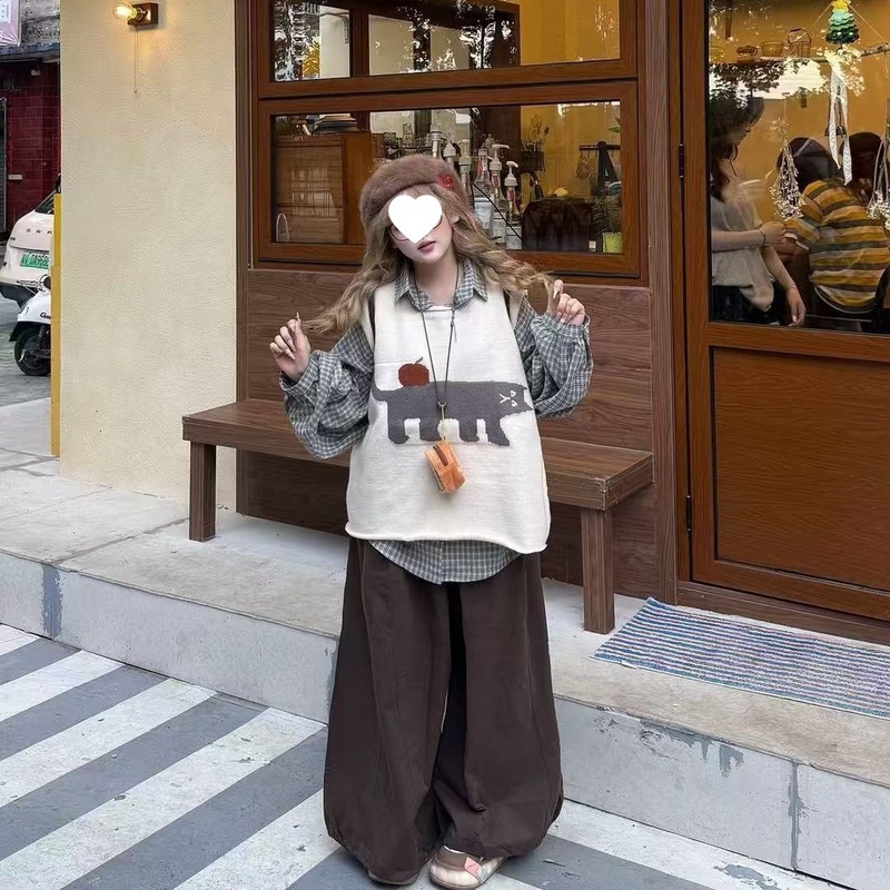 卡通图案宽松三件套百搭针织马甲格纹宽松衬衫复古休闲灯笼裤女秋|undefined