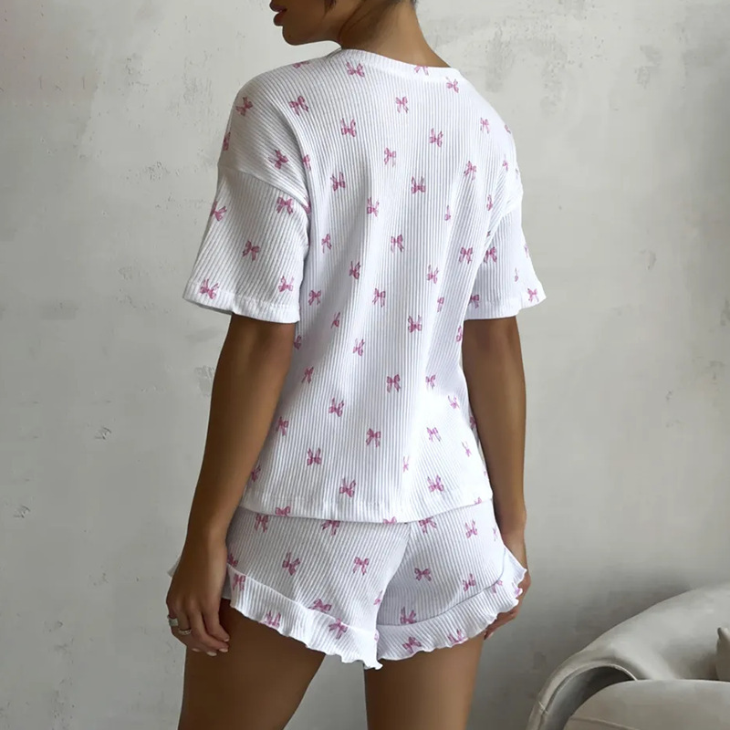 Underwear & Sleepwears Russian Women's Casual Home Wear Set Spring Summer Bow Print Short Sleeve Comfortable Pajama Nightgown With Lace Shorts_voghion.com
