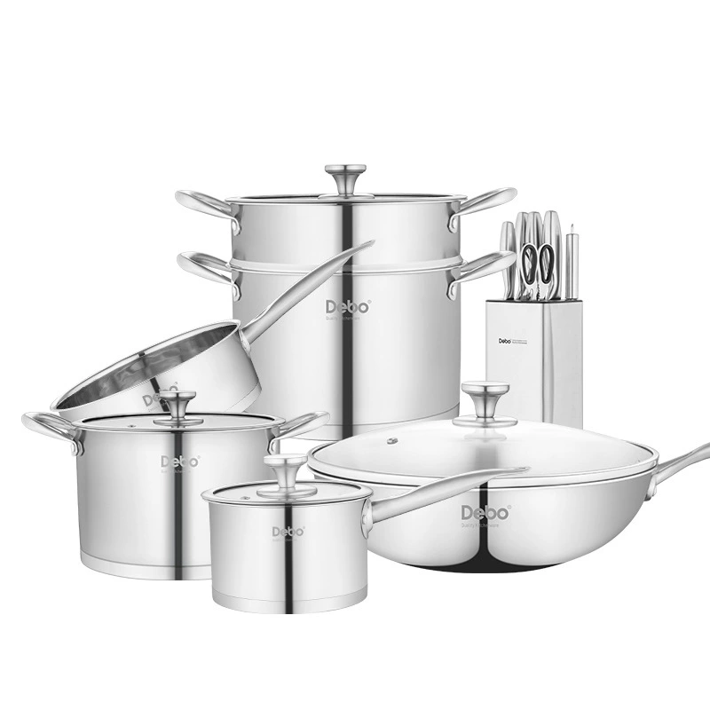 Набор кастрюль премиум-класса De Platinum, полный комплект для домашней кухни, 11 предметов: нож, вок/сковорода для жарки, пароварка, антипригарные кастрюли