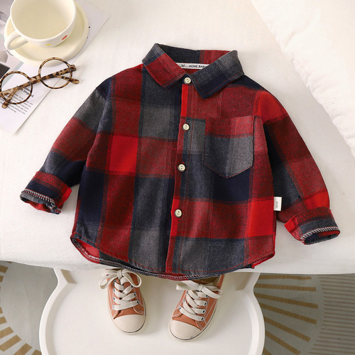 Autumn children's grid coat for boys and girls, baby vest top for middle children, stylish casual long-sleeved shirt