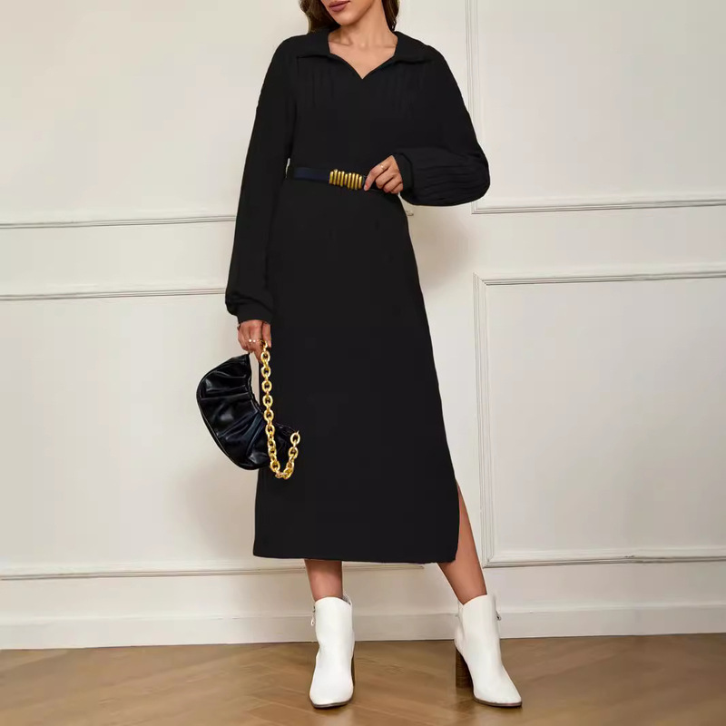 Solid color drop shoulder slit thigh dress (no belt) autumn new European and American long sleeve women's solid color autumn and winter Solid color drop shoulder slit thigh dress (no belt) autumn new European and American long sleeve women's solid color autumn and winter