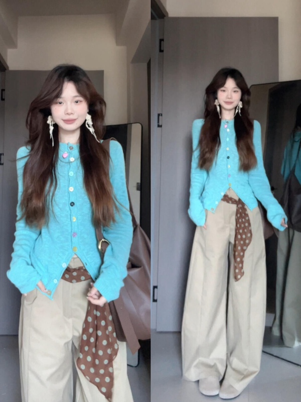韩系清冷感蓝色长袖针织开衫女早秋季修身软糯百搭彩扣毛衣打底衫|undefined