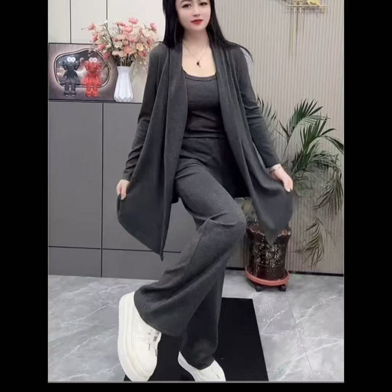 一整套早秋穿搭女装减龄开衫抹胸阔腿裤三件套慵懒风运动休闲套装|undefined
