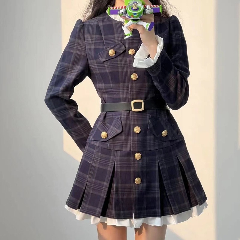 春秋复古撞色收腰显瘦a字连衣裙 小香风气质格纹设计感短裙子代发|undefined