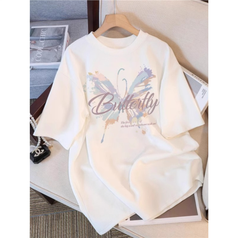 plus size Top Round Neck Short Sleeve T-Shirt Women's 2025 Summer New Hot Style Butterfly Print Design Sense Fashion All-match