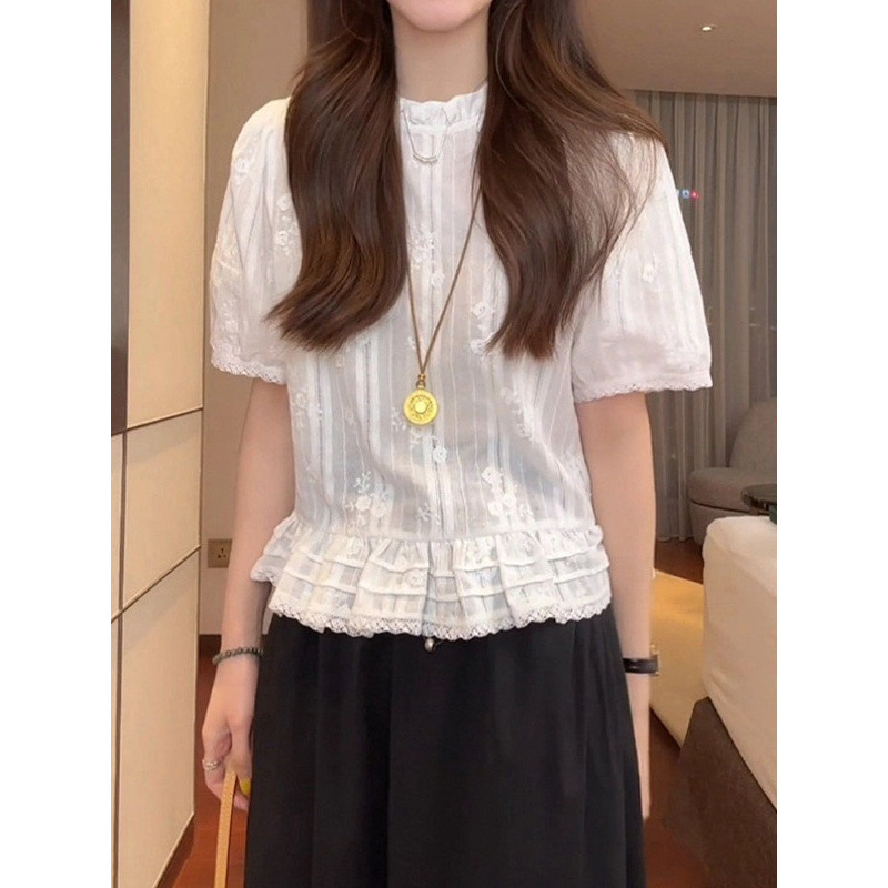 French-Style High-End Elegant Ruffled Lace Shirt for Women, Summer Niche White Shirt, Loose Slimming Top