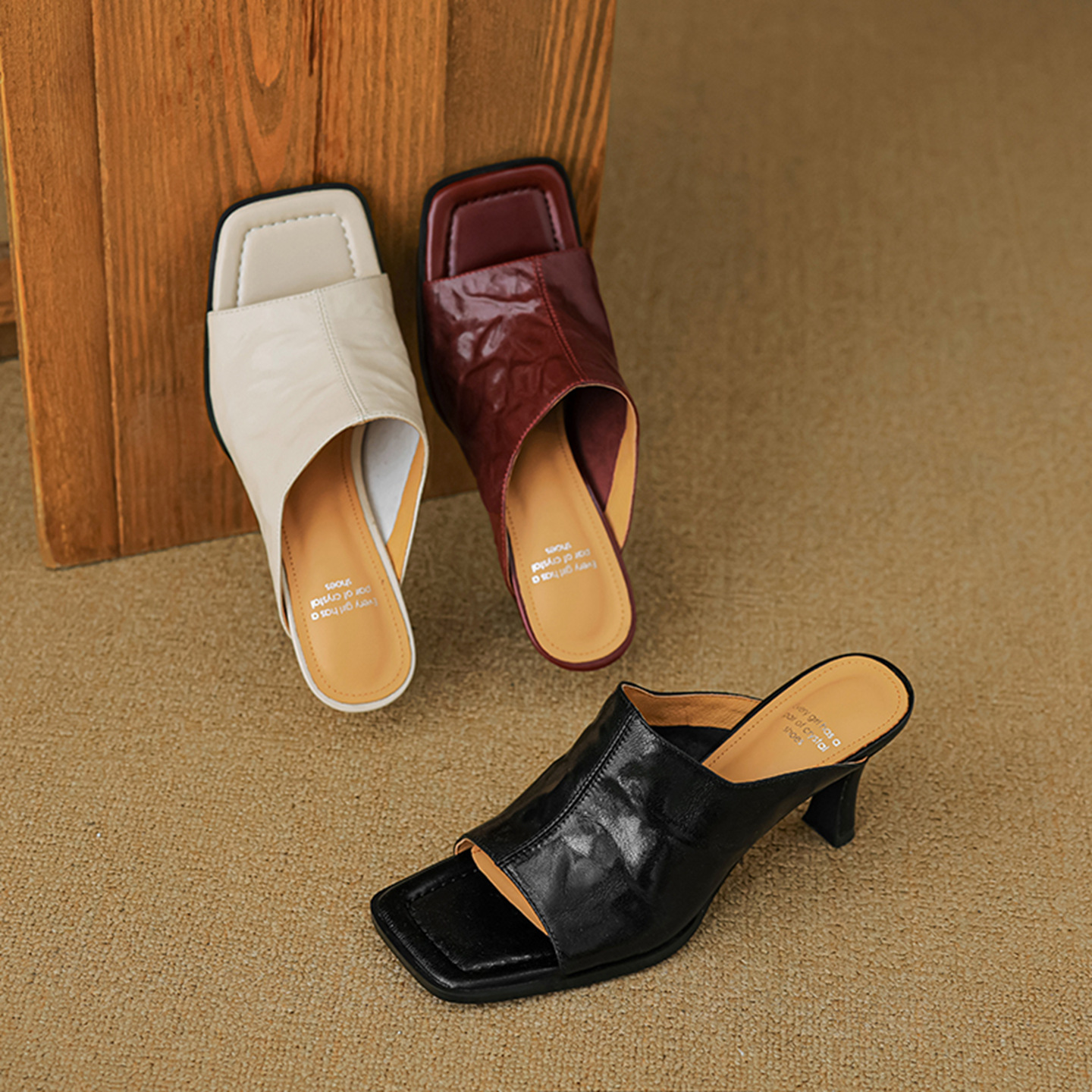 Sandal cao gót nữ hở mũi quai ngang da dê gót 7 cm kiểu Hàn Quốc — đen