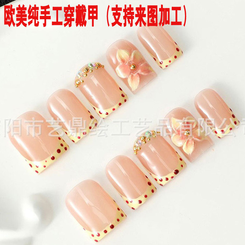 Cross-Border Wholesale of Pure Handmade Wearable Nails, Foreign Trade Gold-Edged Polka Dot French Style 3D Carved Detachable Fake Nails