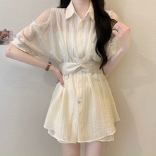 大码温柔风雪纺短袖衬衫短裤两件套女夏胖mm遮肉显瘦气质套装衬衣