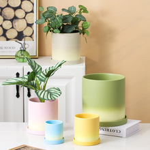 创意渐变绿色工艺素烧陶瓷花盆透气吸水粗陶土带托盘种植盆栽鲜花