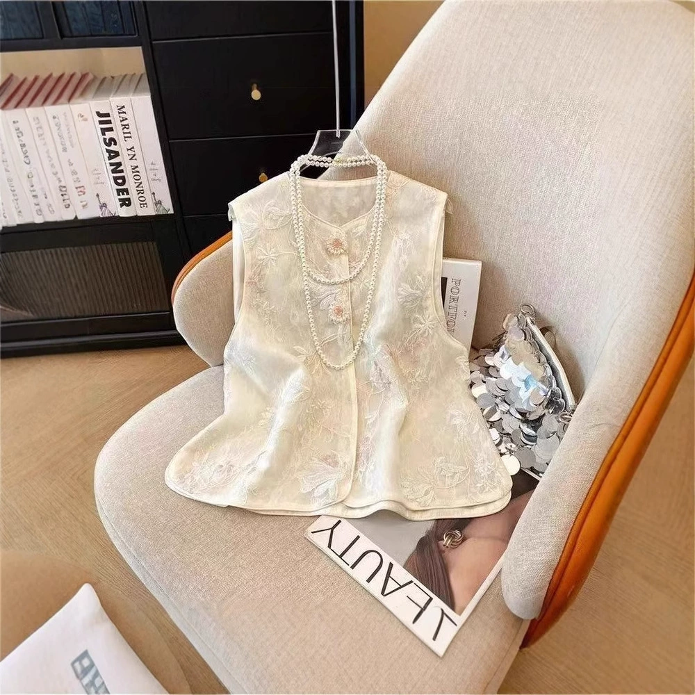 Лето 2025, новый легкий жаккардовый жилет в китайском стиле с вышивкой в ​​национальном стиле, кружевная элегантная куртка без рукавов для женщин.