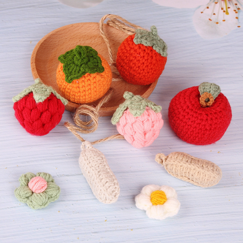 Finished Handmade Crocheted Wool Persimmon Peanut Apple Strawberry Peach Chips Burger Sunflower Bouquet Hanging Decoration
