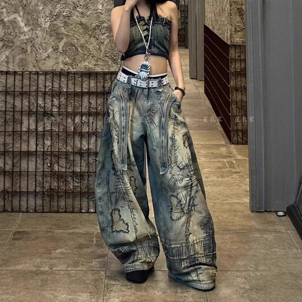 American Retro Large Size Washed Stain Scimitar Design Jeans for Women Street Loose Slimming Wide Leg Drape Trousers