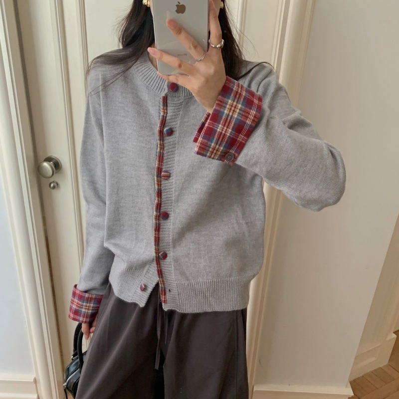 实拍 假两件韩系显瘦圆领拼接格子毛衣女装秋冬新款宽松休闲开衫|undefined