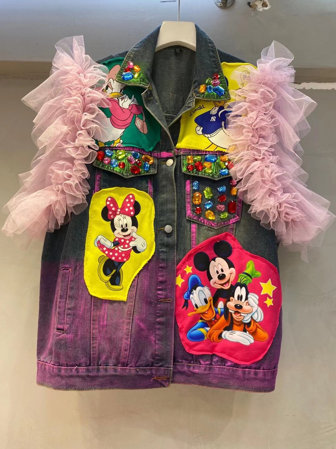 Tailandia marca de moda 2023 otoño nueva industria pesada de dibujos animados casual Denim chaleco mujer edad-reducción encaje estilo occidental top image 3