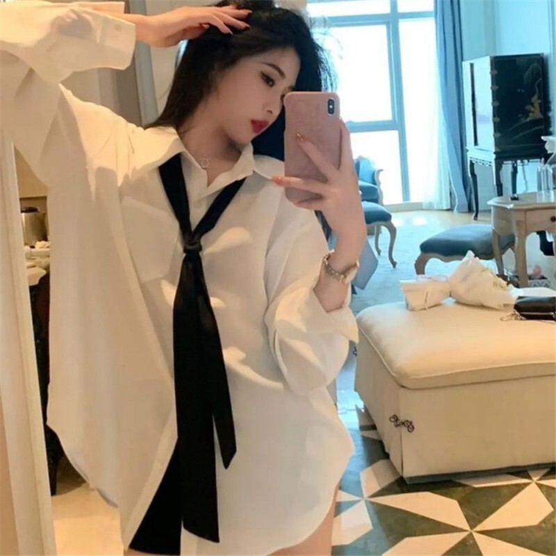 Mid-length Loose Lazy Style New Shirt 22 Women's Small Casual Street Retro White Shirt Top Autumn