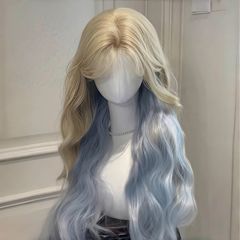 ウィッグ 女性用 ミドル分け前髪 プラチナ グラデーション ブルー ロング カーリーヘア フルヘッドセット 工場直毛