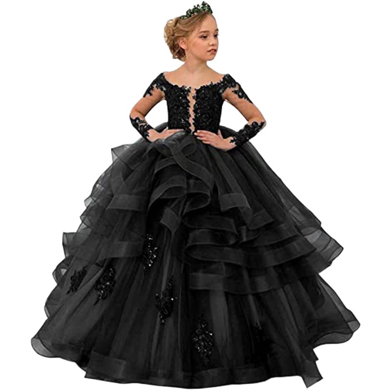 Nuevo vestido de novia para niños europeos y americanos de manga larga para niñas de cumpleaños de rendimiento de encaje vestido de pastel de princesa hinchada