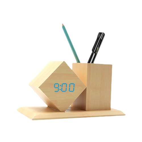 New Creative Wooden Clock LED Smart Alarm Clock Home Office Desk Pen Holder Wooden Clock Smart Electronic Clock