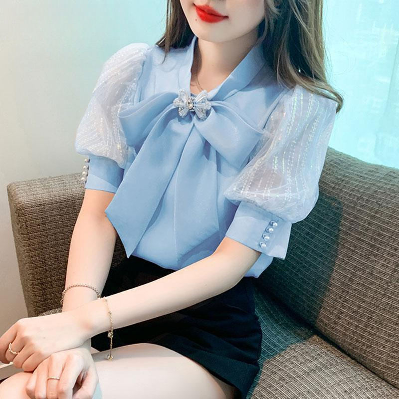 宫廷风雪纺短袖衬衫女士夏季减龄洋气小衫2025新款爆款泡泡袖上衣|undefined