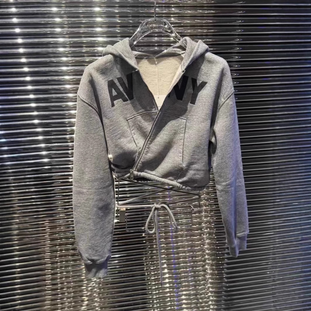 大王字母印花抽绳短款外套上以2025秋季新款灰色拉链连帽衫卫衣女