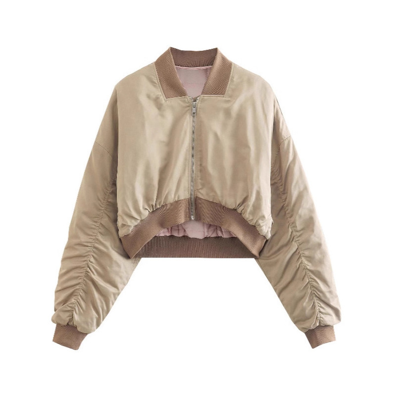 European and American Women's Clothing 2025 Autumn and Winter New Satin Stand-Up Collar Bomber Jacket Short Thickeneded Warm Cotton Jacket