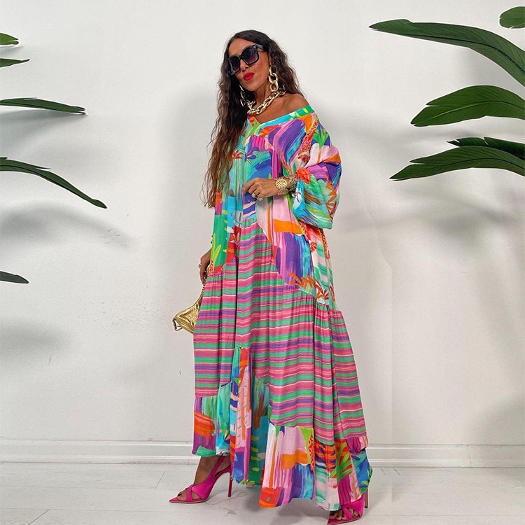 Oversized V-neck Printed Dress 2024 Spring and Summer New Retro French Court Style Pleated Long-sleeved Loose Dress
