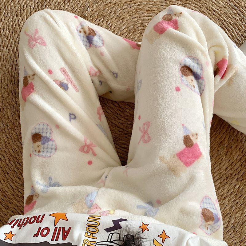 Pantalones de pijama de franela de dibujos animados de otoño y invierno para mujeres con pantalones de lana de coral caliente para estudiantes de lana de invierno para el hogar