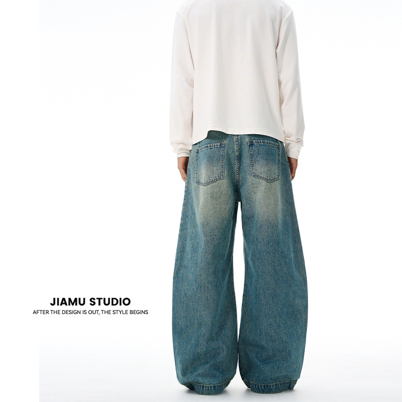 JIAMU美式高街褶皱猫须baggy jeans牛仔裤男女宽松阔腿中性弯刀裤|undefined