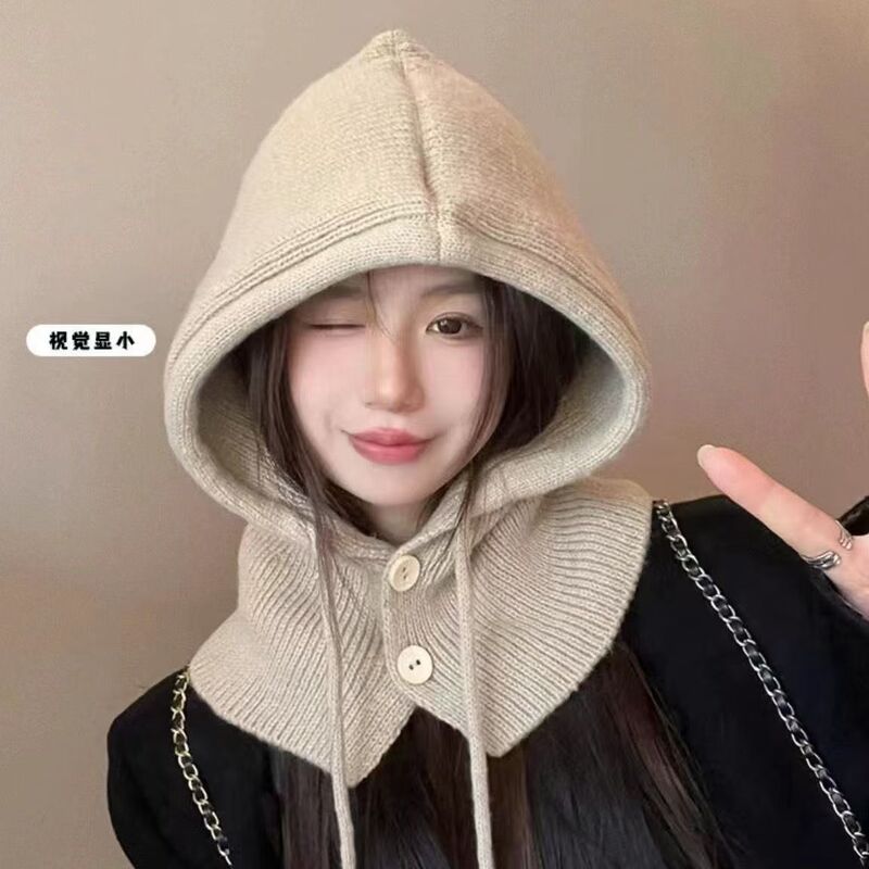 Korean-Style Versatile Winter Balaclava Hat, Knitted Pullover Hat, Warm Hooded Scarf Hat, Beanie Hat