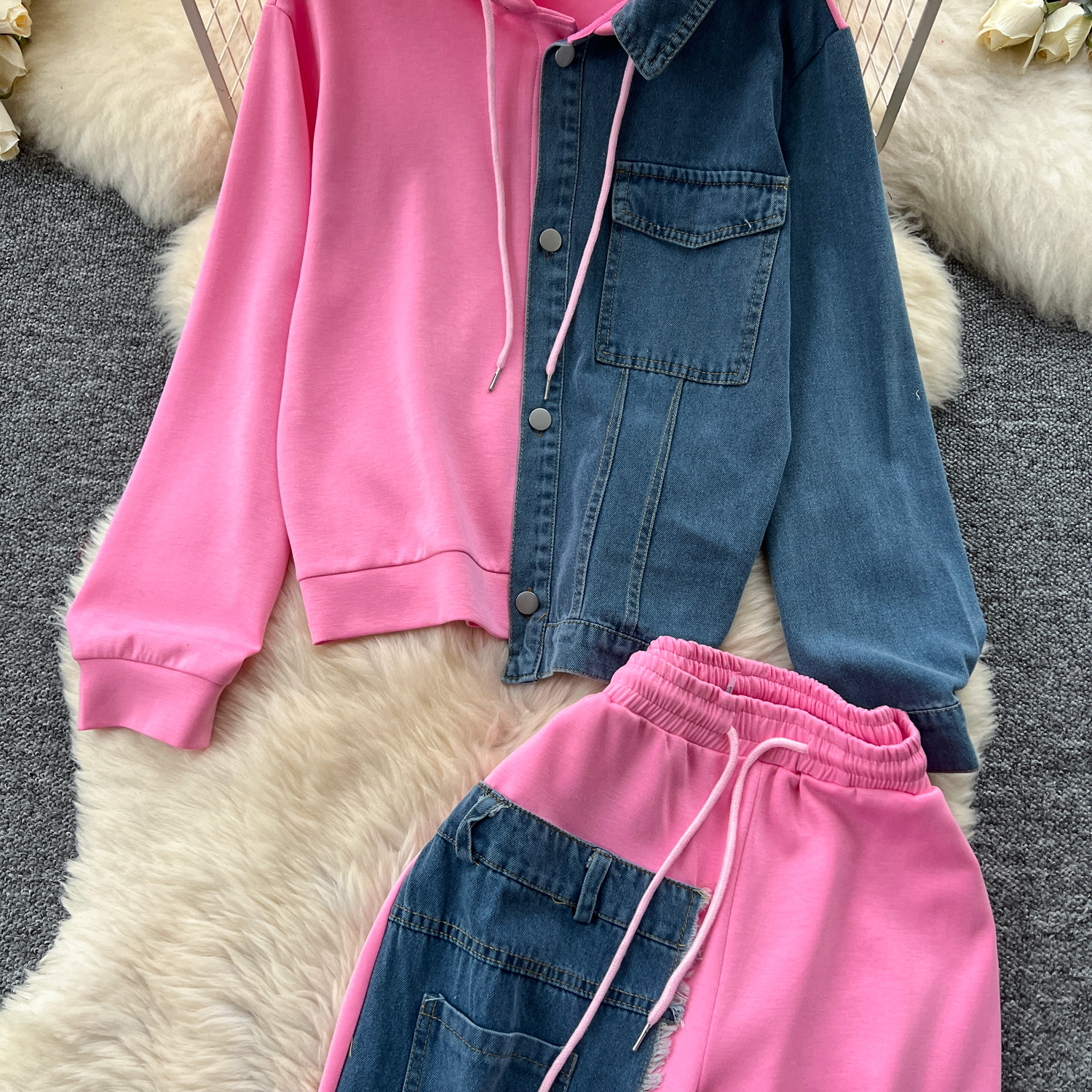 Conjunto de pantalón para mujer sudadera con capucha y jeans anchos_voghion.com