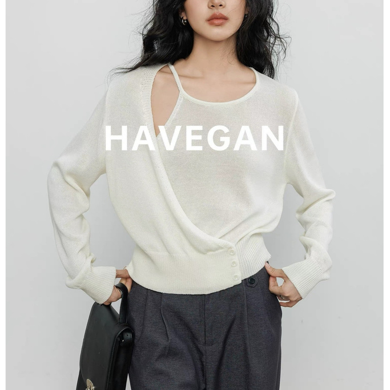Havegan/Tencel Linen Knitwear Women's Autum 2025 New Deconstructed Design Long-Sleeved Loose Top