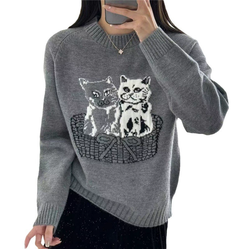 Демисезонный вязаный свитер с круглым вырезом,oversize, повышенной толщины