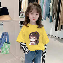 T恤纯棉女童宽松百搭圆领洋气春秋儿童假两件卡通印花长袖上衣潮