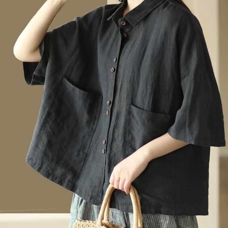 レトロなコットンとリネンの女性用半袖シャツ 2025 年夏の新しい大きいサイズのシャツ、ゆったりとしたカジュアルで多用途なポロカラートップ|undefined