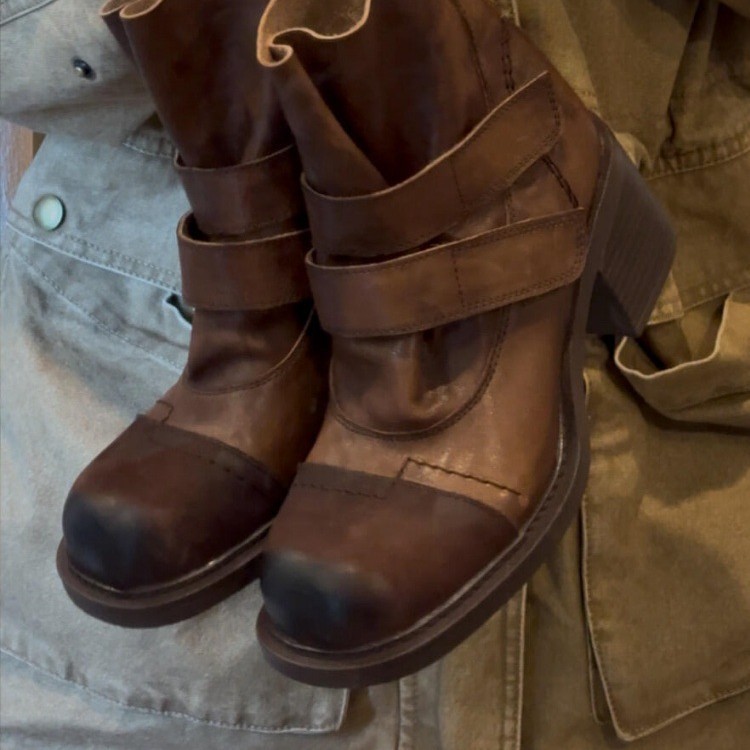 牛皮版~新款复古风擦色魔术贴圆头粗跟短靴女秋冬新款高跟马丁靴