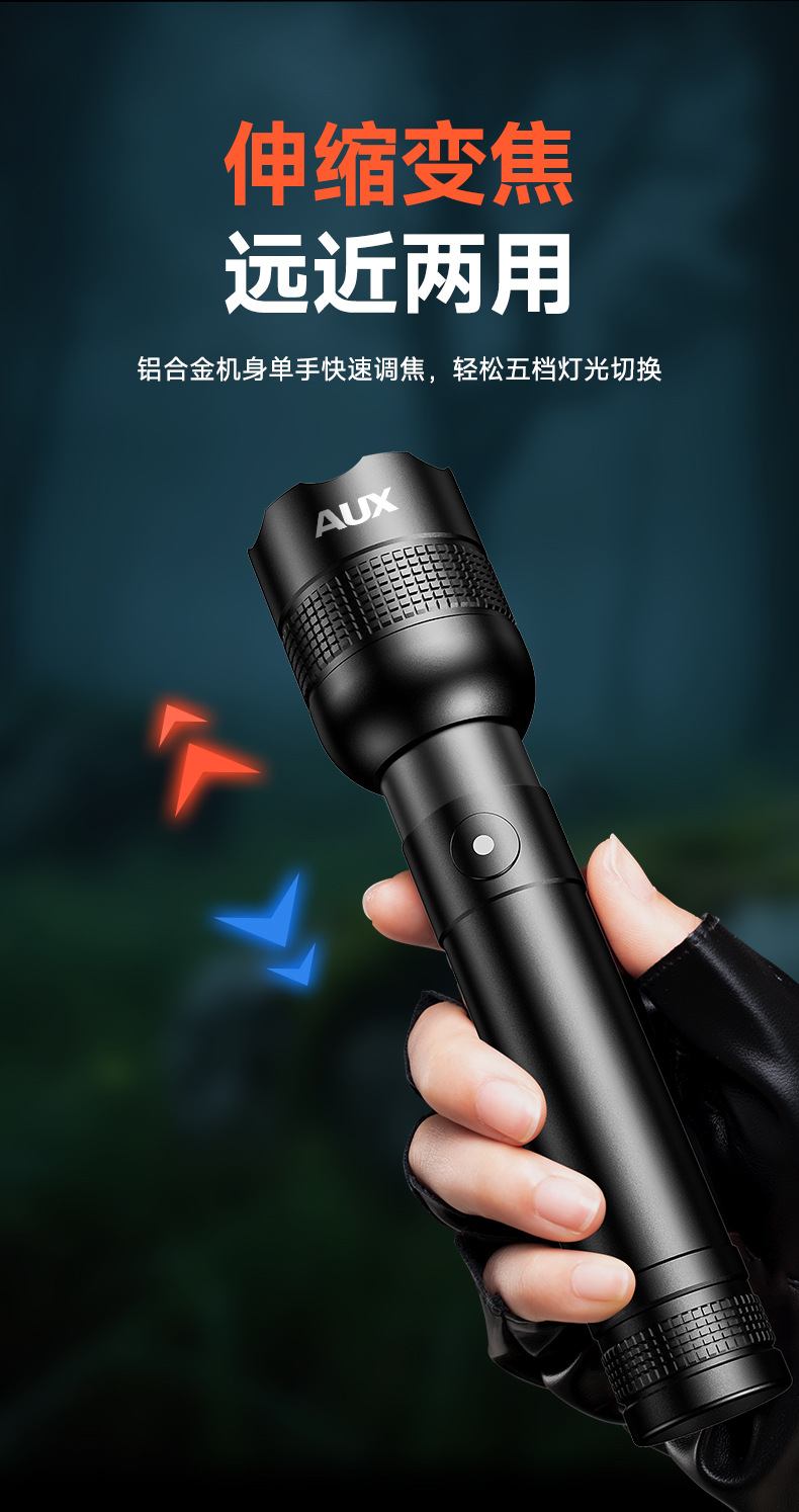 Flashlight, Small, Portable, Strong Light, Rechargeable, Focused, Ultra-Bright, Outdoor Mountaineering, Household, Telescopic, Large Capacity