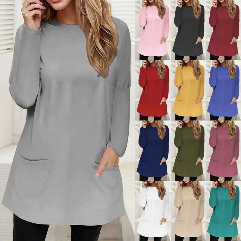 2024跨境欧美女装亚马逊圆领春秋印花口袋长袖休闲宽松上衣t恤