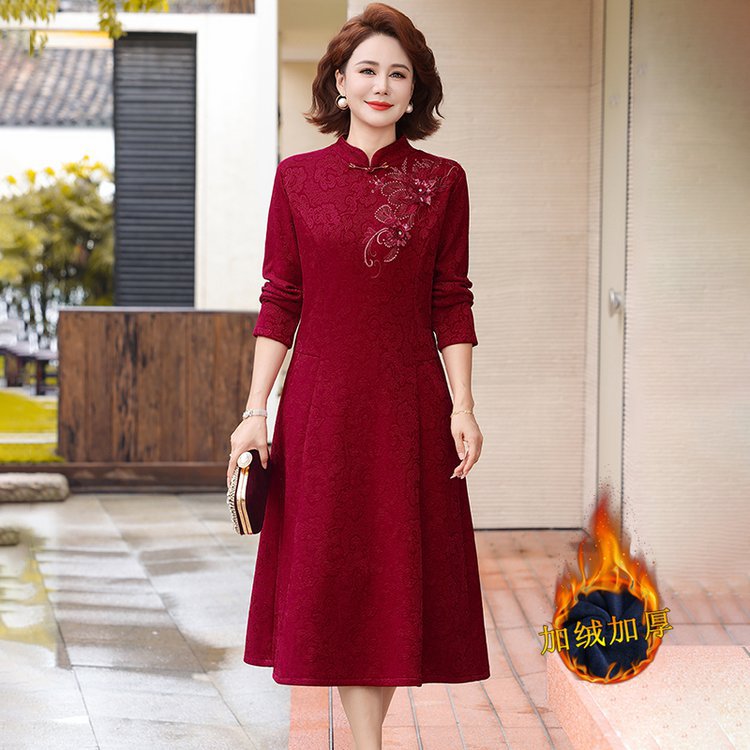 妈妈装中式连衣裙秋冬新款中老年女装改良旗袍加绒喜婆婆婚宴长裙