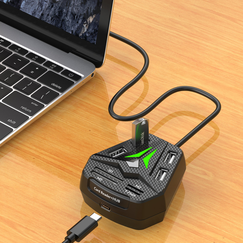 New Usb2.0Hub Hub with Rgb Light Combo Card Reader Sd/Ms/M2/Tf Card Reading with Button