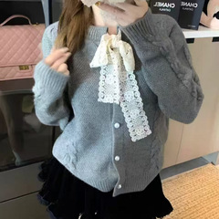 流行蕾丝绑带软糯圆领毛衣针织开衫外套温柔韩系长袖上衣女秋冬红
