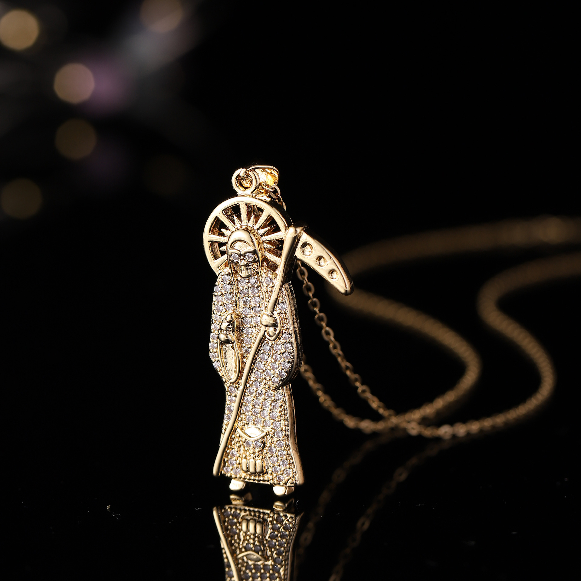 Nuevo estilo transfronterizo europeo y americano de cobre con incrustaciones de circón St. Jude God Hoz Reaper Skull Collar Colgante Joyas Joyas