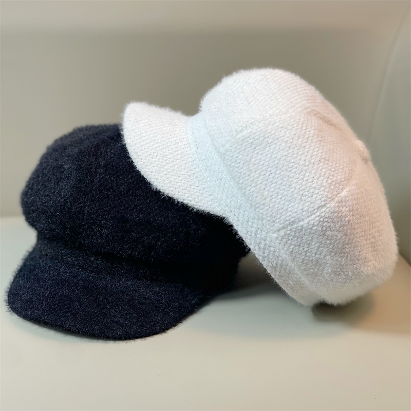 European and American Trendy New Chenille Octagonal Hat Duck Tongue Hat Women's Versatile Autumn and Winter Hat Warm Solid Color Pumpkin Beret_voghion.com