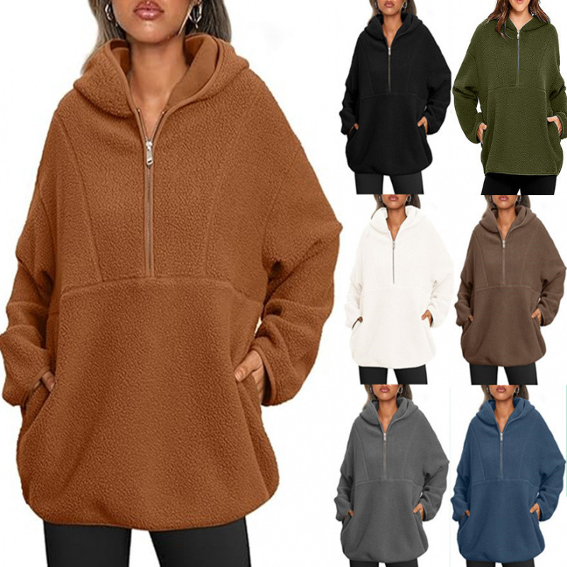 2025 Amazon European and American Autumn and Winter Cross-Border Solid Color Women's Quarter-Zip Lamb Wool Hooded Sports Sweatshirt