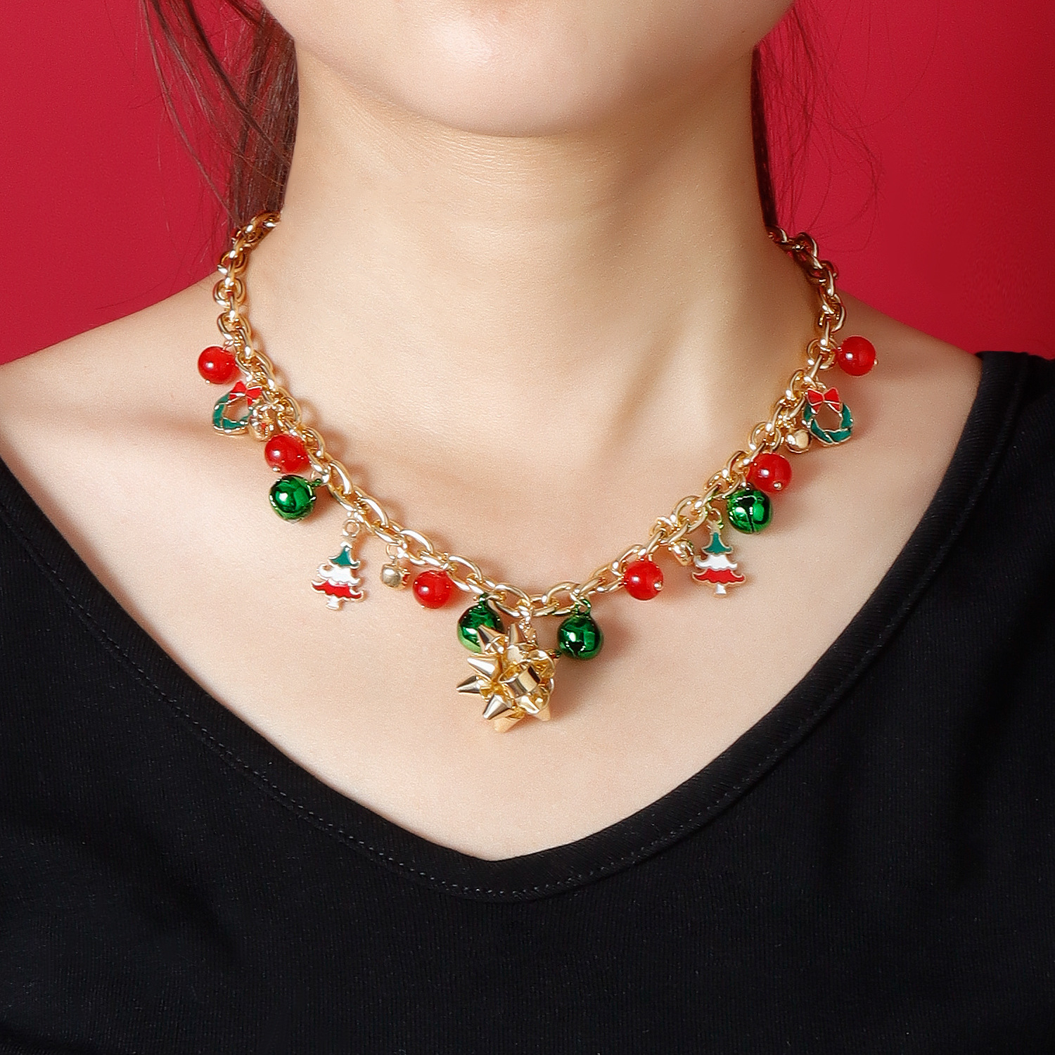 bijoux élément de Noël accessoires fleurs tridimensionnelles cloches colorées collier de personnalité simple et créatif pour femmes_voghion.com