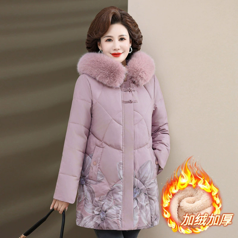 Материнское зимнее пальто с хлопковой подкладкой, утолщенное на флисовой подкладке, 2023 Новое Женское холодостойкое пальто среднего и пожилого возраста с принтом, пальто с хлопковой подкладкой для женщин