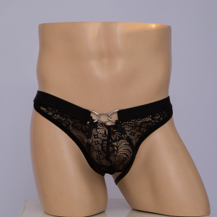 Lace sexy underwear black perspective men's briefs European and American hollow iron ring men's underwear