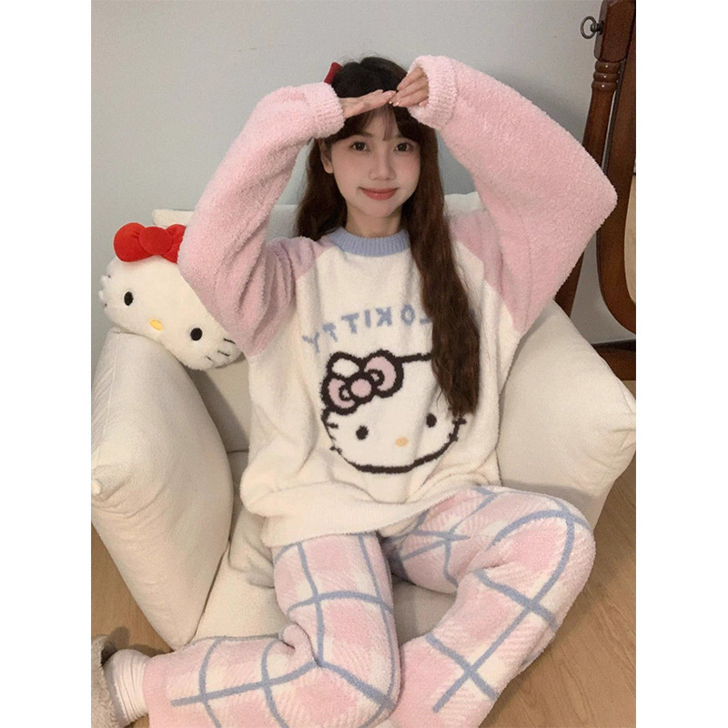 甜美卡通HelloKitty半边绒睡衣女冬季加厚保暖针织长裤家居服套装|undefined