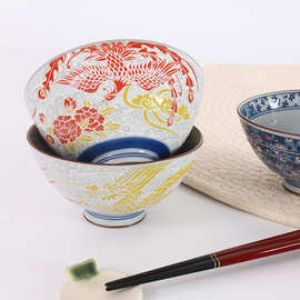 日本进口美浓烧釉下彩浮雕纹米饭碗龙凤兔子枫叶樱花碗