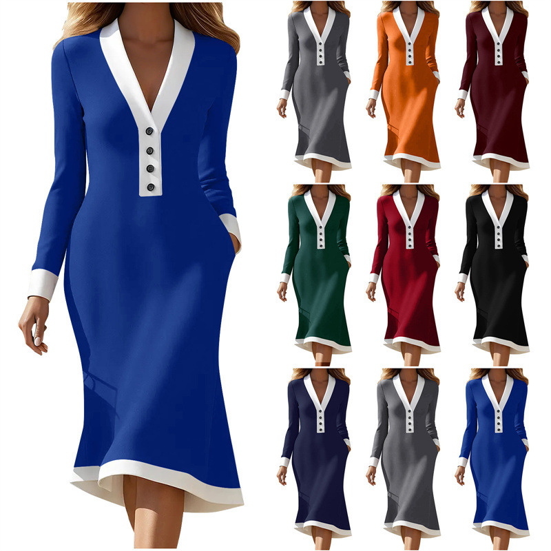 European and American Cross-Border Foreign Trade Amazon New Long Dress Casual Buttoned Color-Block Long-Sleeve V-Neck Solid Color Dress for Women
